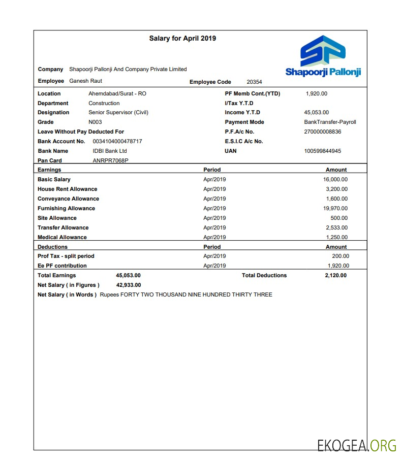 Fiche de paie de l'employé de Shapoorji Pallonji aux formats PDF et Word